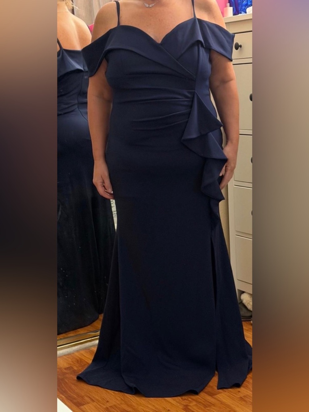 Elegant Off-Shoulder Navy Evening Gown